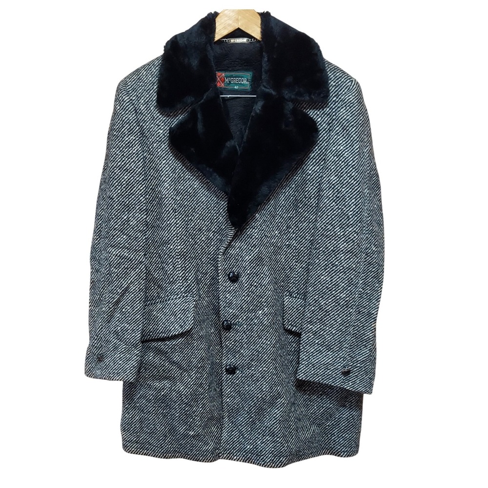Vintage McGregor Mens Size 40 Tweed Overcoat Faux Fur Collar Lining Black‎ White